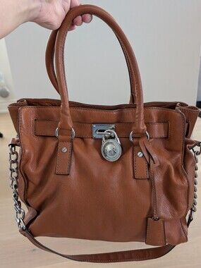 MICHAEL KORS Hamilton Brown Leather Silver Hardware Large Shoulder Bag 